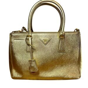 PRADA Metallic Gold Saffiano Leather Small Lux Galleria Double Zip 2way Tote Bag